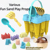 A set of yellow and blue sand play props including a bucket, scoop, and various molds for children's sand play.