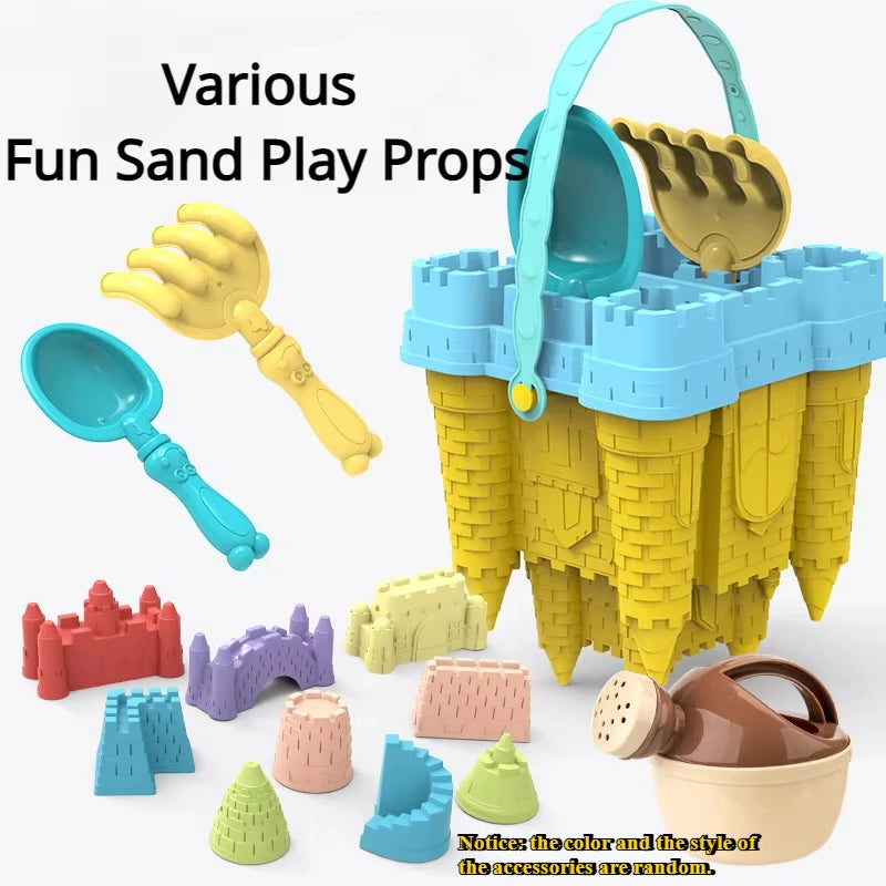 A set of yellow and blue sand play props including a bucket, scoop, and various molds for children's sand play.