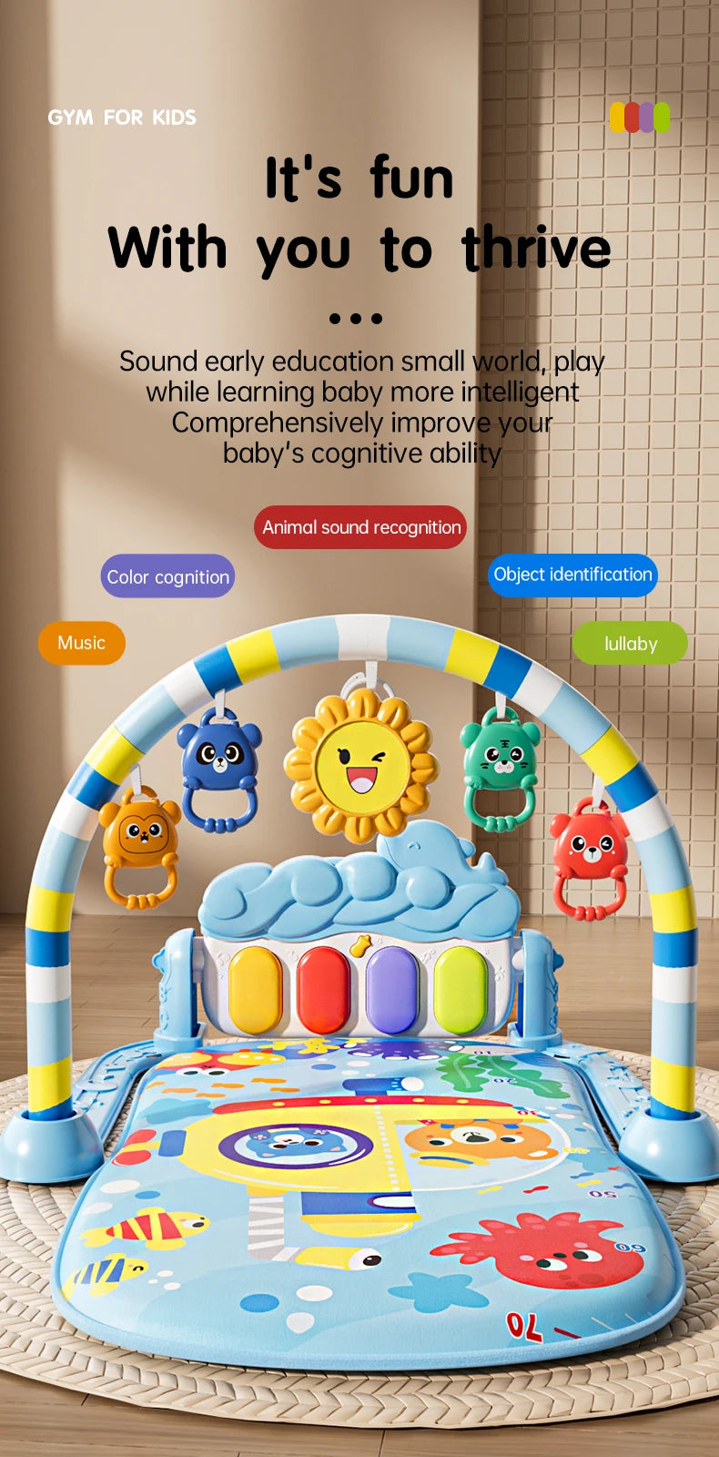 Interactive Baby Play Mat with Music, Lights & 5 Sensory Toys