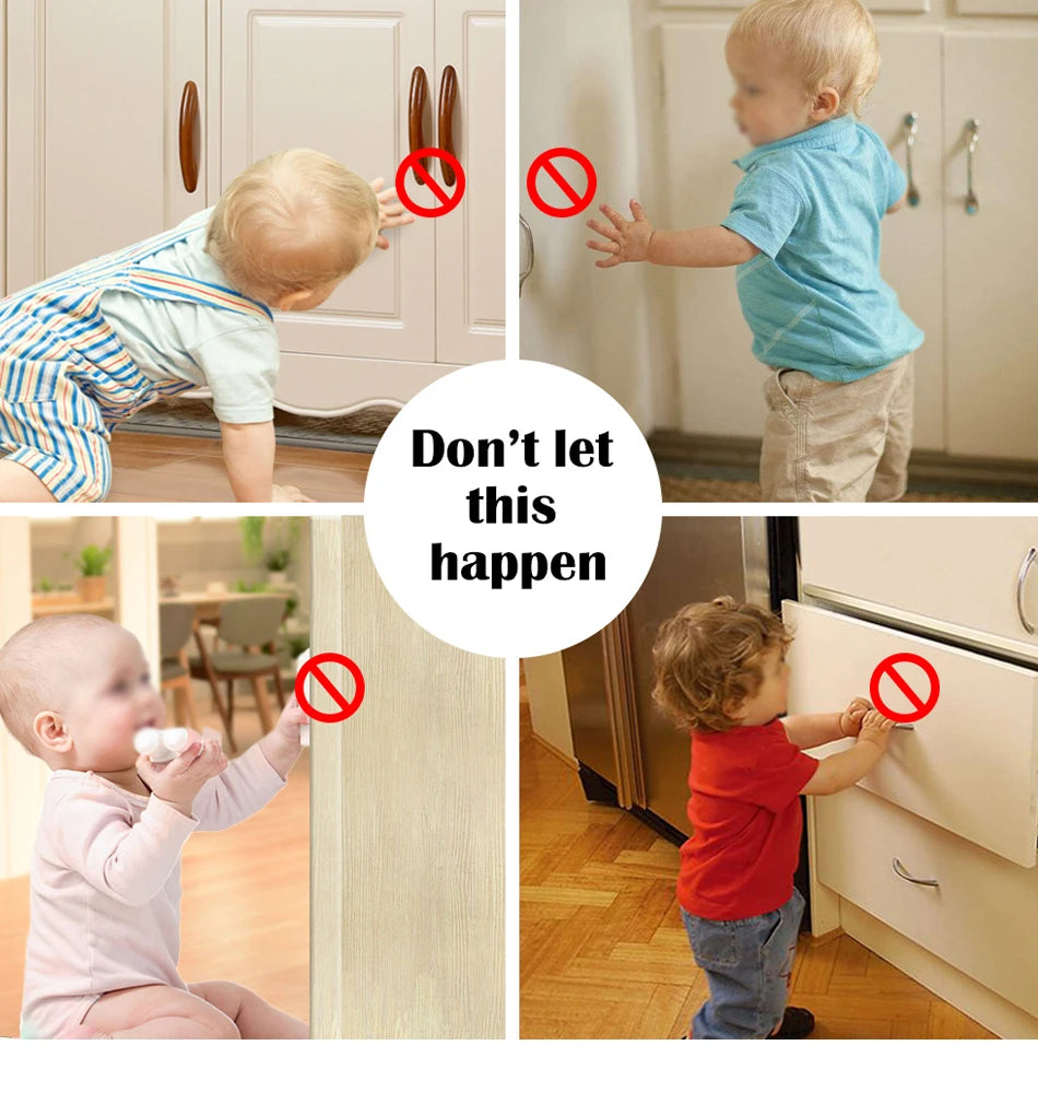 Image showing warnings against letting a child open cabinets and drawers using magnetic safety locks.