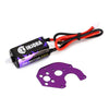 A black motor labeled INJORA 050 MOTOR PRO with wires and a purple plastic gear attached.