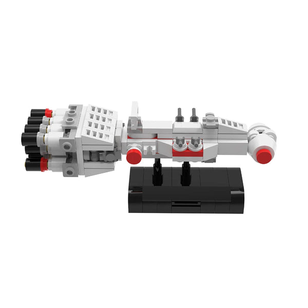 A gray and red space exploration ship building block set with various components.