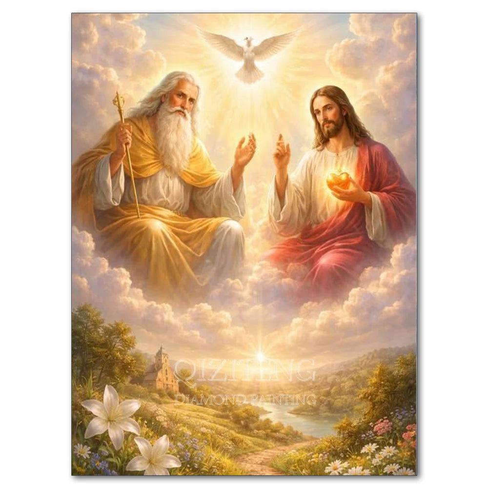 Diamond painting of Jesus and Virgin Mary with golden light and clouds