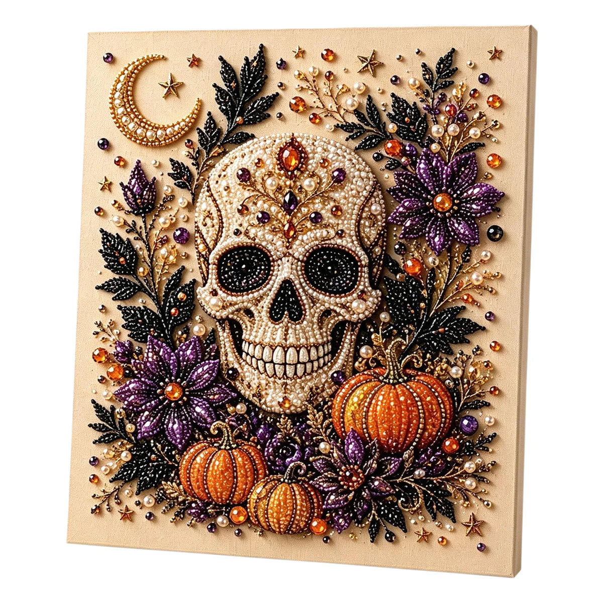 A framed canvas featuring a detailed skull design adorned with pearls, autumn leaves, and small pumpkins.