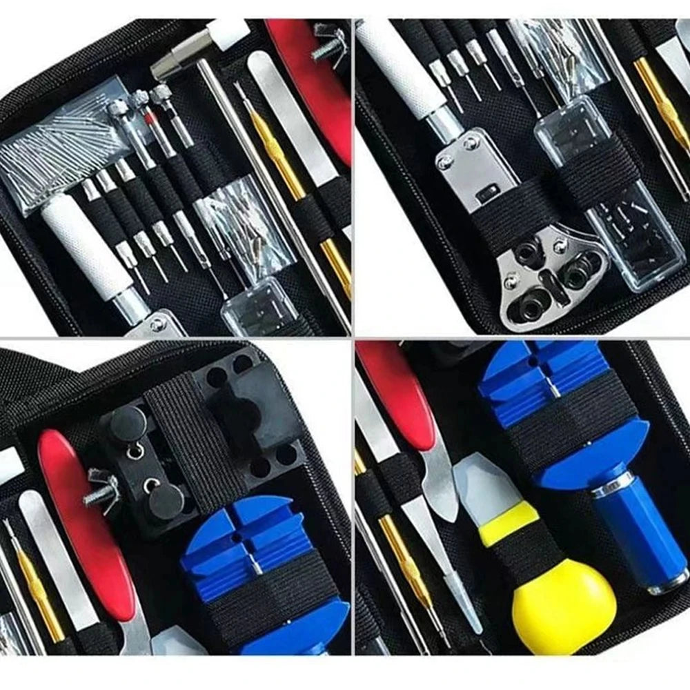 A precision watch repair tool kit showing various tools like tweezers, files, and pliers in a black case.
