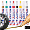 A set of eight permanent paint markers in various colors, including yellow, green, blue, and red, shown next to a paint brush