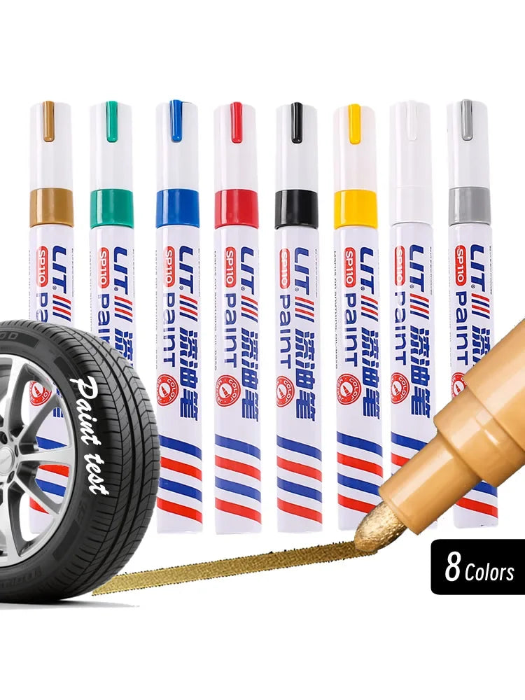 A set of eight permanent paint markers in various colors, including yellow, green, blue, and red, shown next to a paint brush
