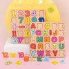 A set of wooden alphabet, number, and shape puzzles for toddlers featuring colorful wooden letters and digits.