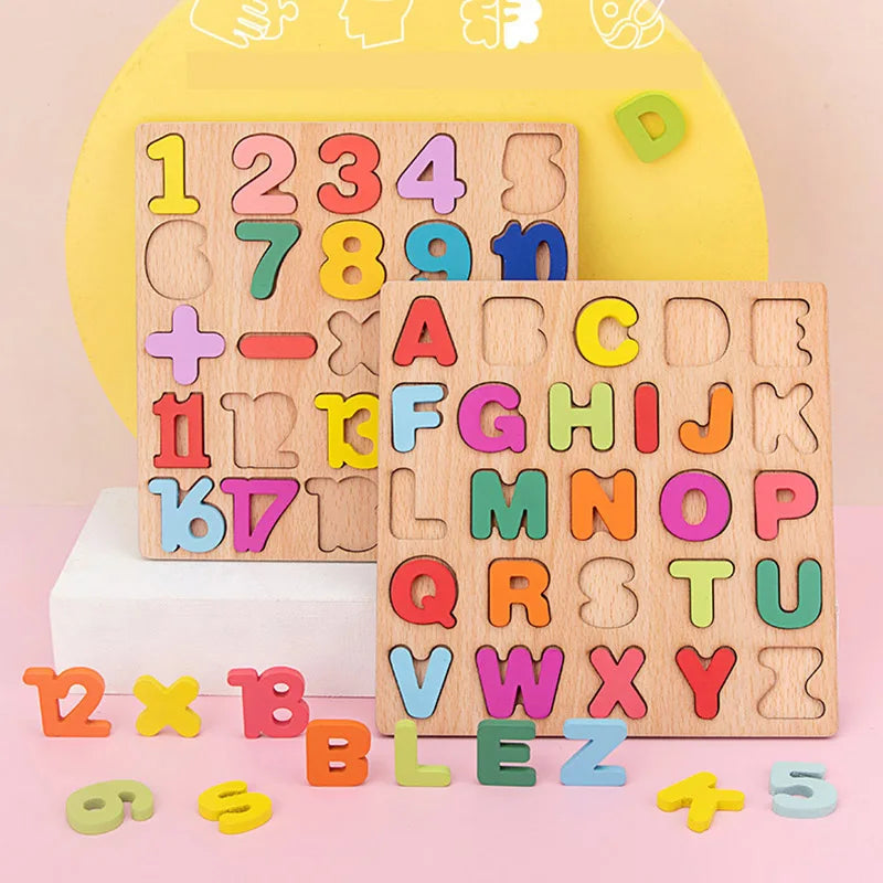 A set of wooden alphabet, number, and shape puzzles for toddlers featuring colorful wooden letters and digits.