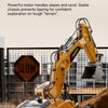 A yellow 4Dmachine RC excavator with a large bucket is shown on a dirt terrain.