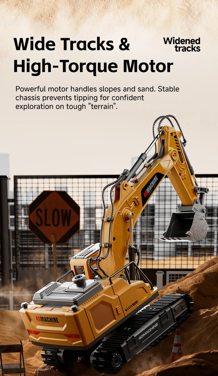A yellow 4Dmachine RC excavator with a large bucket is shown on a dirt terrain.