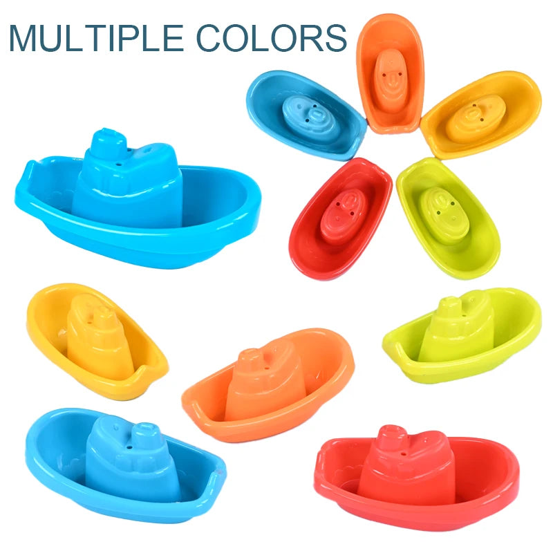 A collection of multiple colored floating bath boat toys for kids in various shades of blue, orange, and yellow.