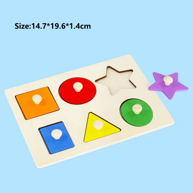 A wooden Montessori shape and color sorter puzzle featuring various colored shapes like circles, squares, triangles, and star