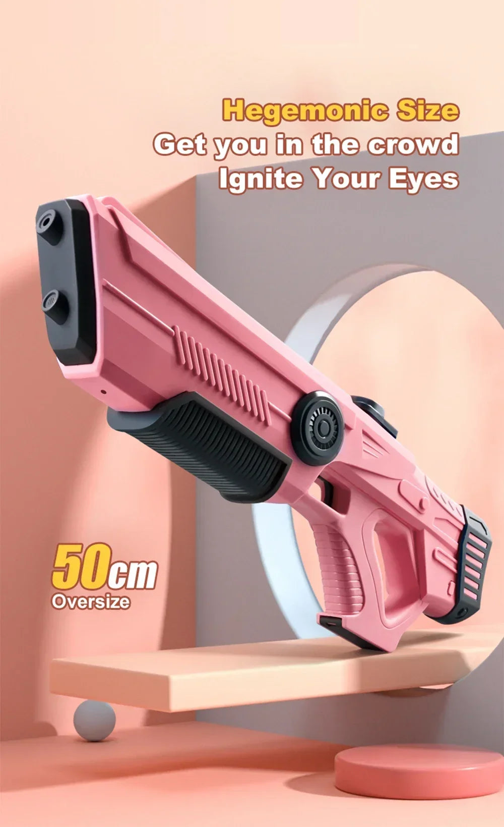 A pink plastic water blaster is shown angled, highlighting its size and design.