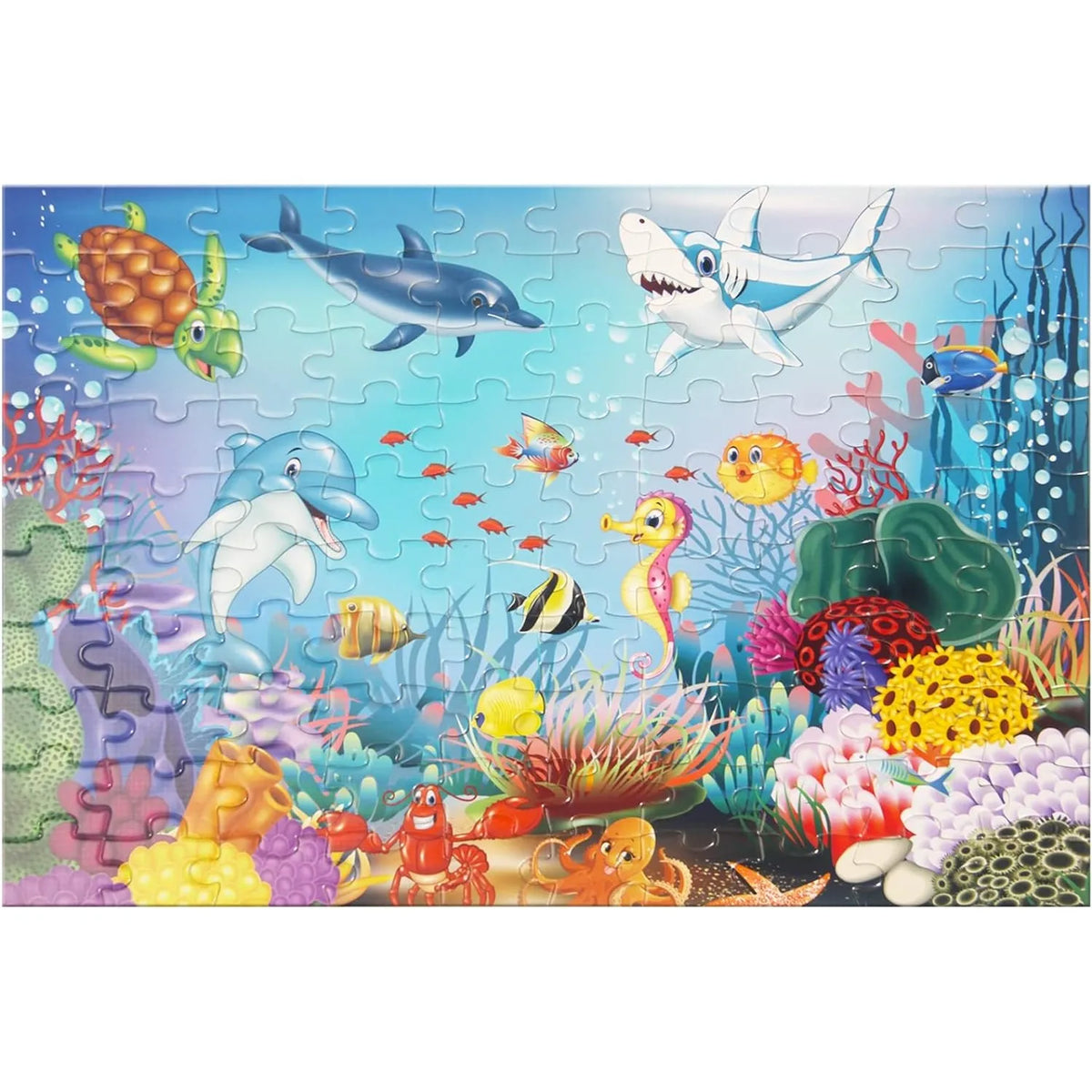 A 100-piece jigsaw puzzle featuring various colorful sea animals and dinosaurs in an underwater scene.