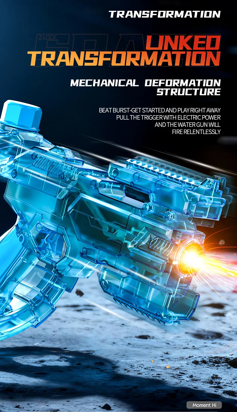 A close-up of a blue mechanical deformation structure water blaster being fired.