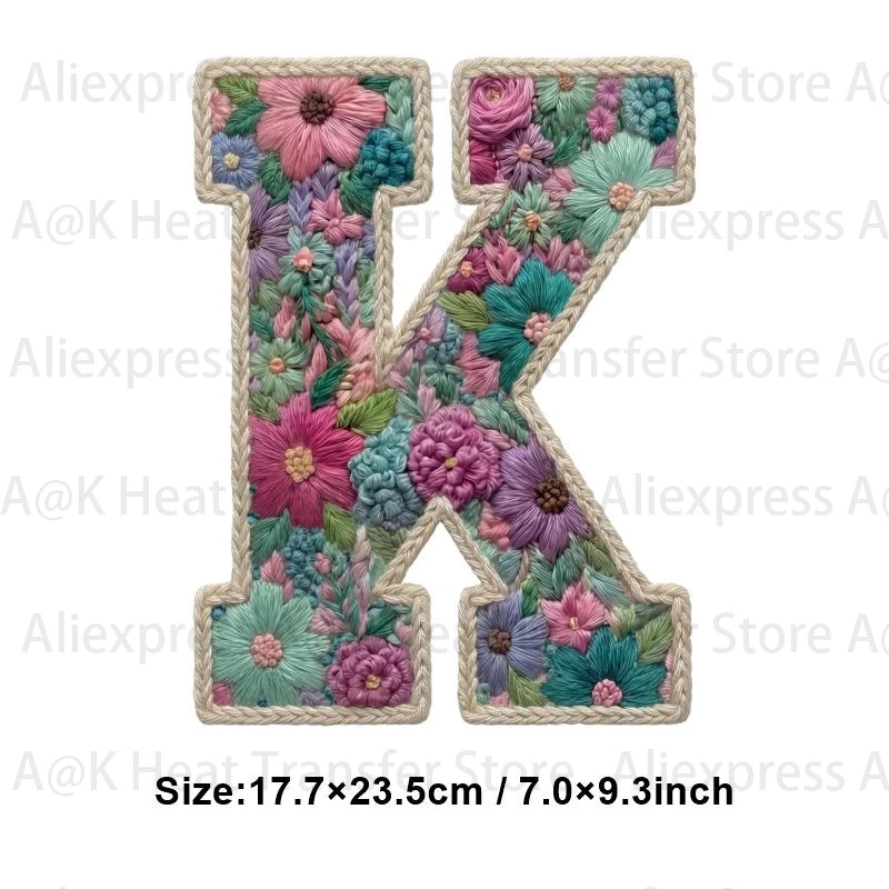 Floral letter K patch made of fabric for DIY clothing and accessories