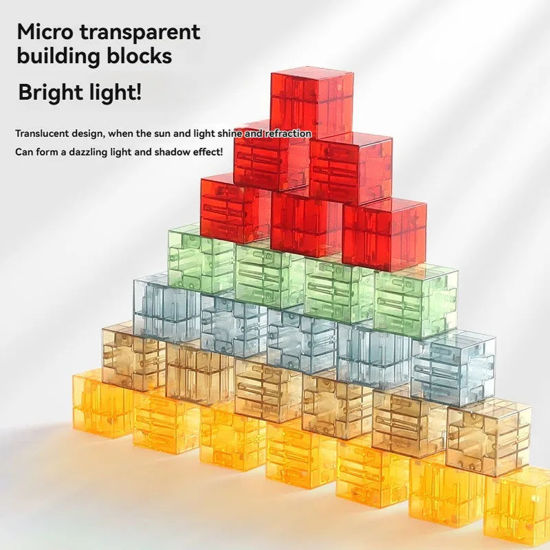 A pyramid of colorful, translucent building blocks demonstrating light refraction and shadow effects.