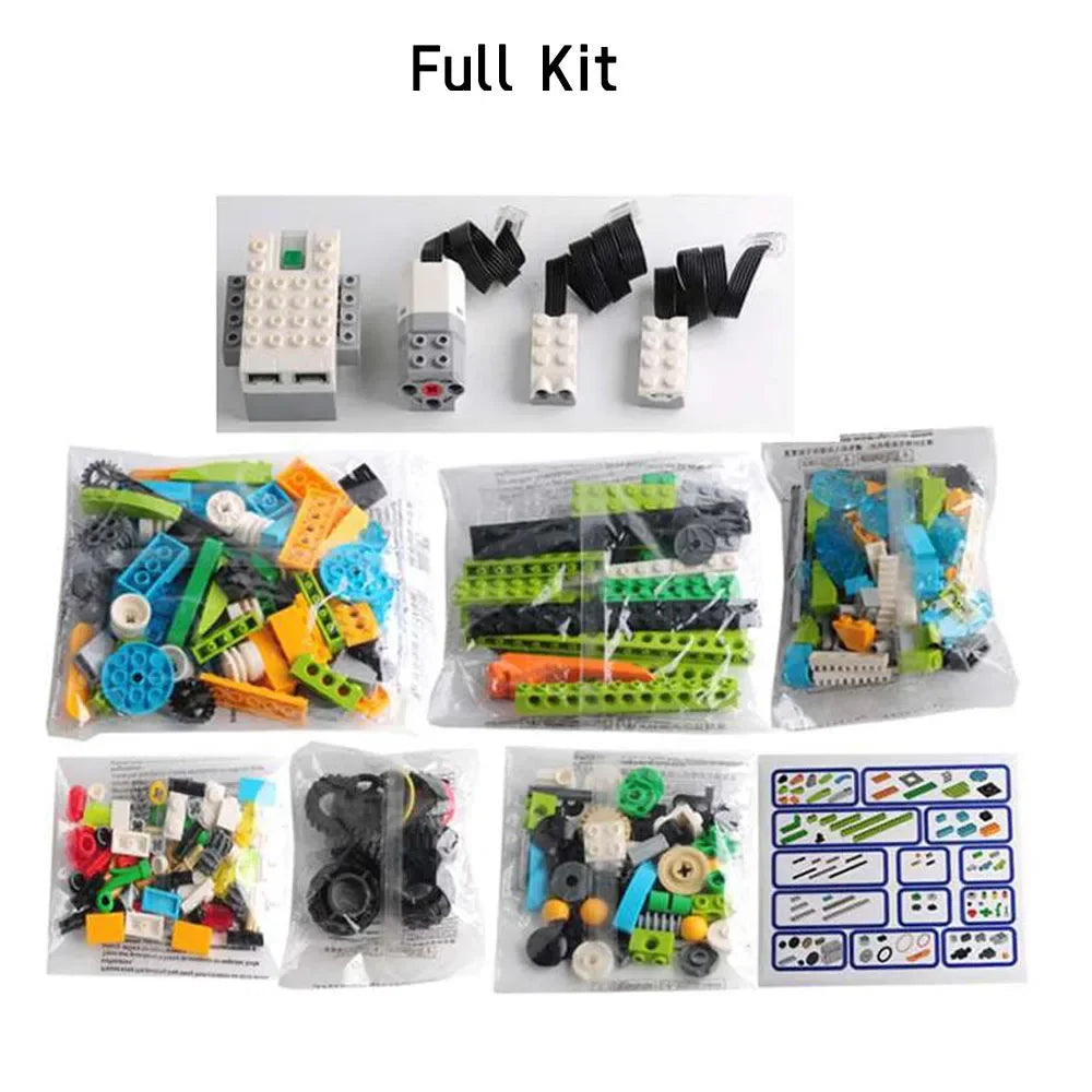 A full kit of STEM programming building blocks including various components and accessories for kids