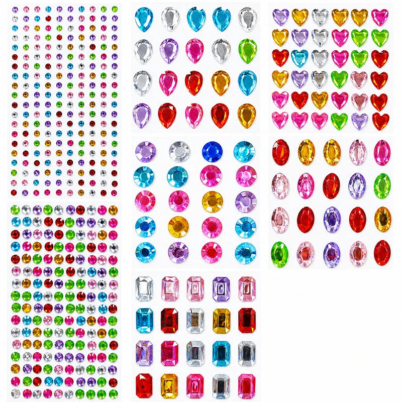 A large collection of colorful acrylic gem stickers in various shapes and colors for face, nails, and crafts.