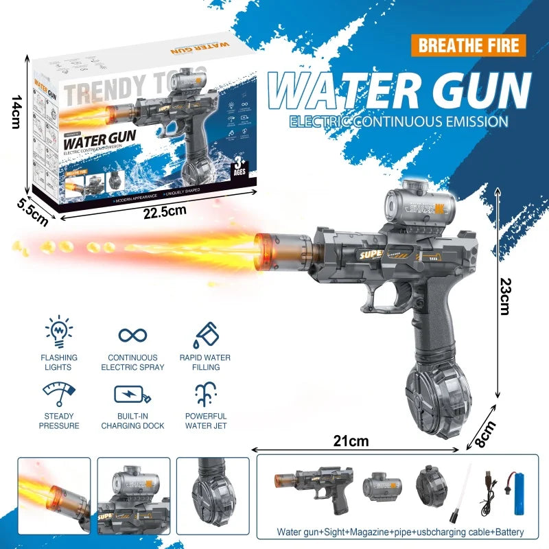 A black water gun with a bright yellow stream of liquid, shown alongside its components and packaging.