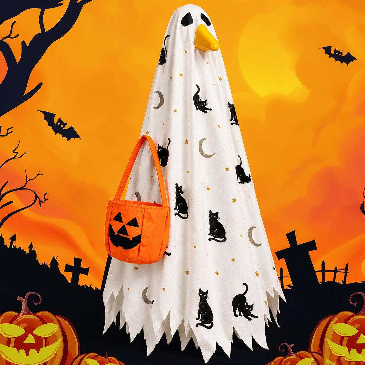 A white ghost costume with black cats and pumpkin accents against an orange Halloween background.