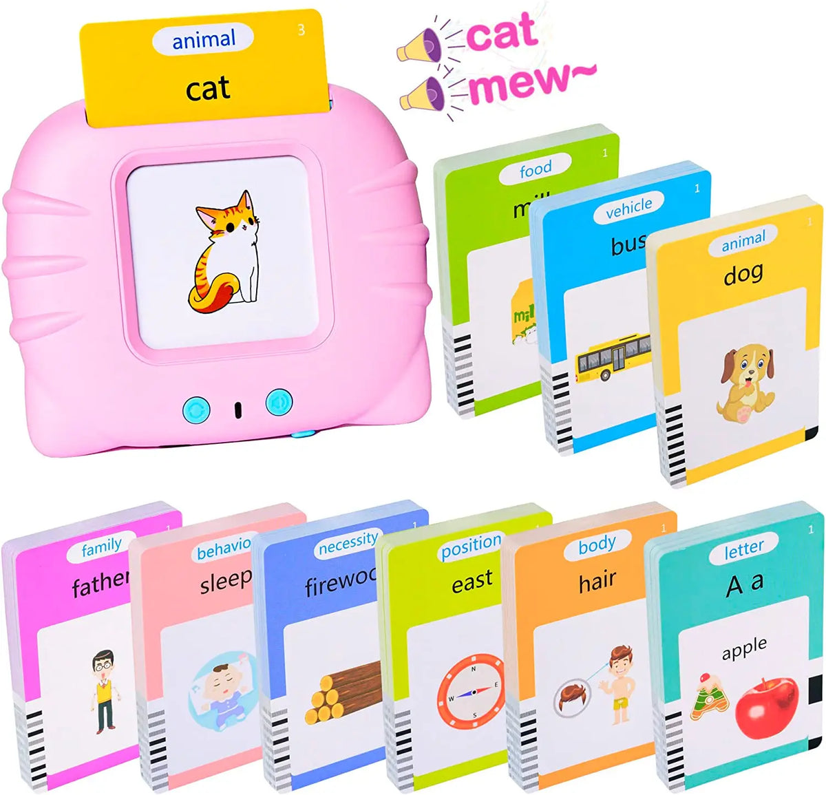 A pink educational toy featuring flash cards for animals, food, vehicles, family, and other concepts.