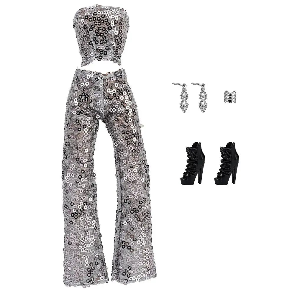 A set of silver sequin party trousers and matching top for fashion dolls