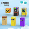 A set of six colorful magnetic building blocks for children, including various geometric shapes and faces.