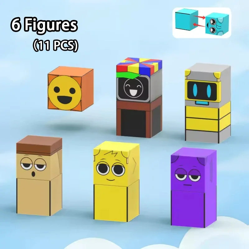 A set of six colorful magnetic building blocks for children, including various geometric shapes and faces.