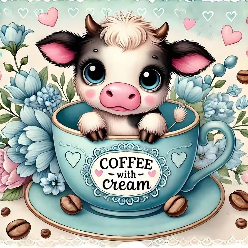 A cute cow face peeking out of a cup of coffee with cream, suitable for a diamond painting kit.