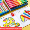 A set of triangular colored crayons in a blue box and an open notebook showing colorful drawings.