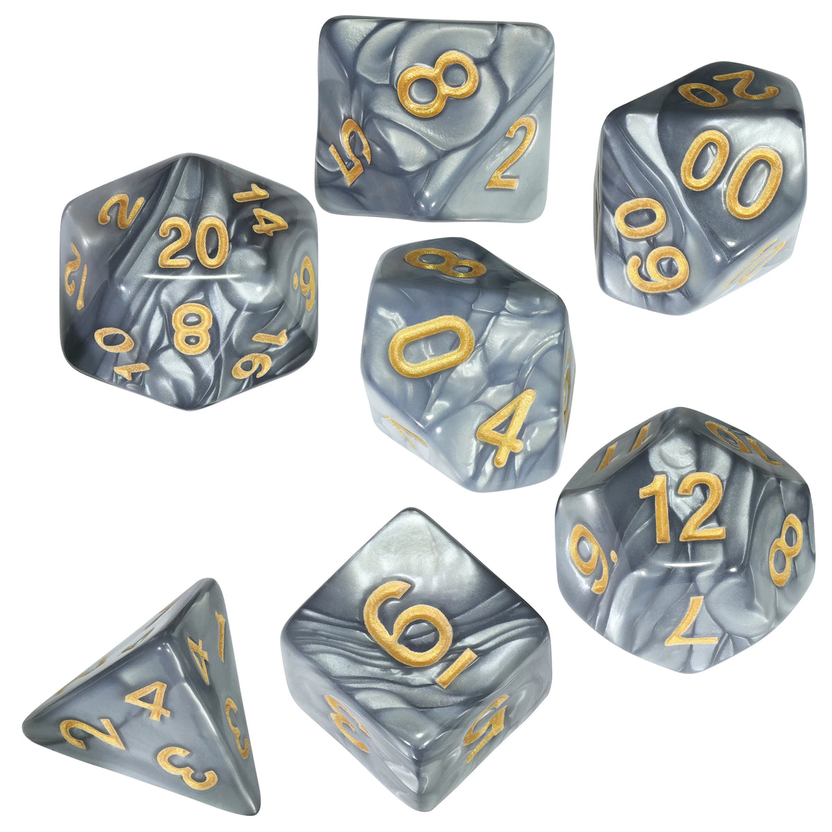 A set of seven marble effect polyhedral dice in shades of gray and gold.
