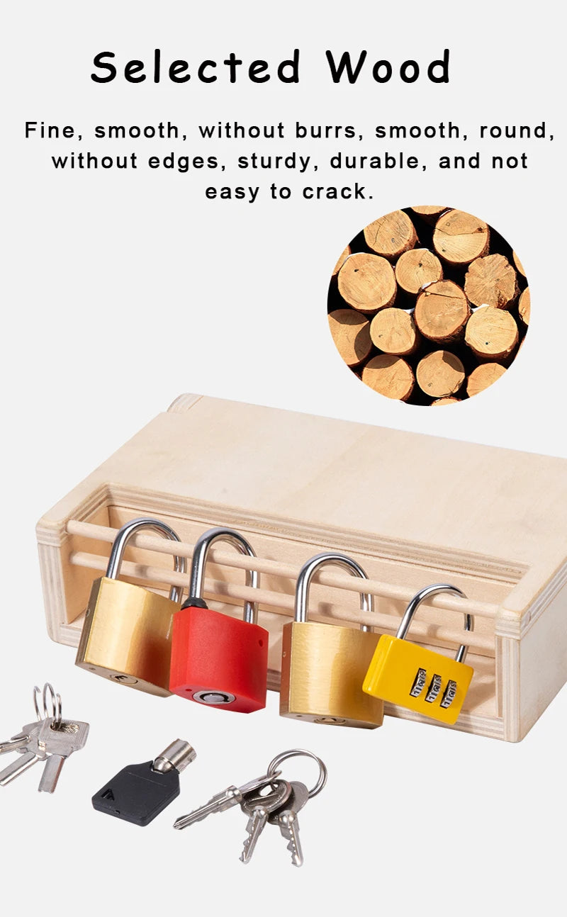 A wooden lock and key toy set featuring brass, red, and yellow locks and keys displayed next to a wooden box.