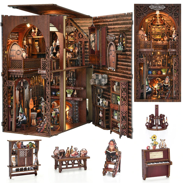 A detailed wooden book nook decor featuring miniature scenes and figures.