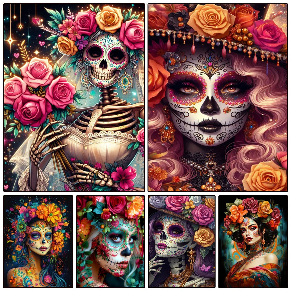A collection of five detailed skull and flower diamond painting designs featuring vibrant colors and intricate detail.