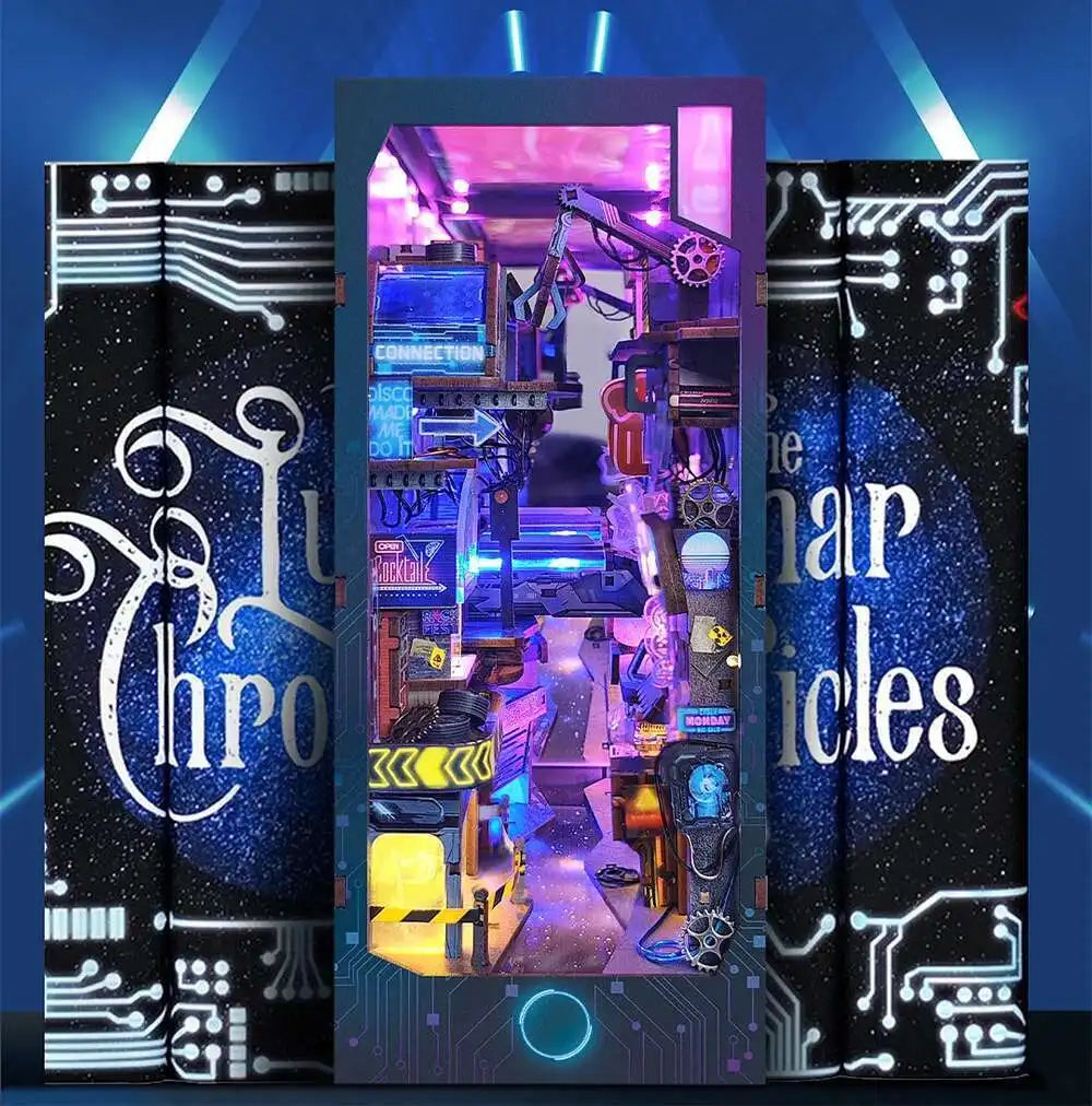 A wooden book nook kit featuring a detailed cyberpunk interior scene with glowing lights and mechanical elements.