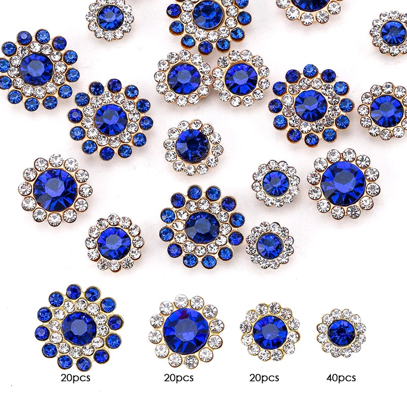 Assortment of blue and clear crystal glass sunflower claw rhinestones for sewing