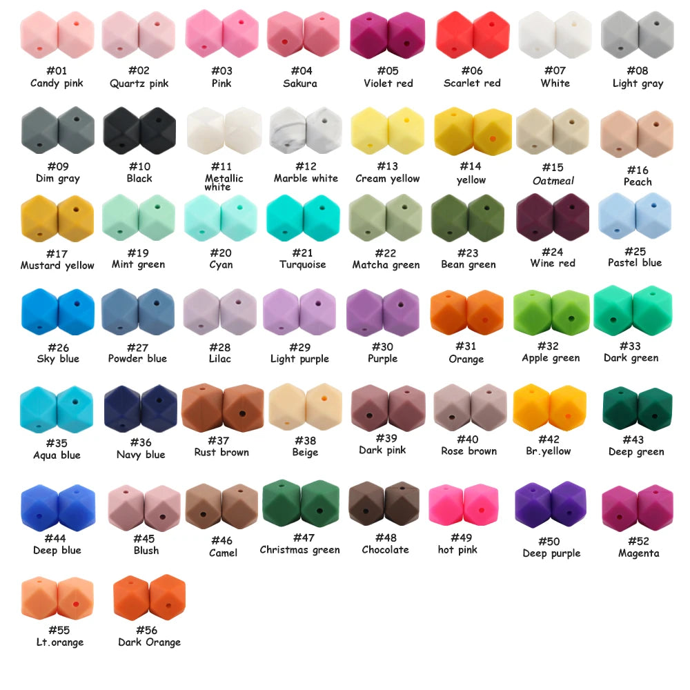 A collection of 52 hexagonal silicone beads in various shades of pink, red, yellow, green, and gray.