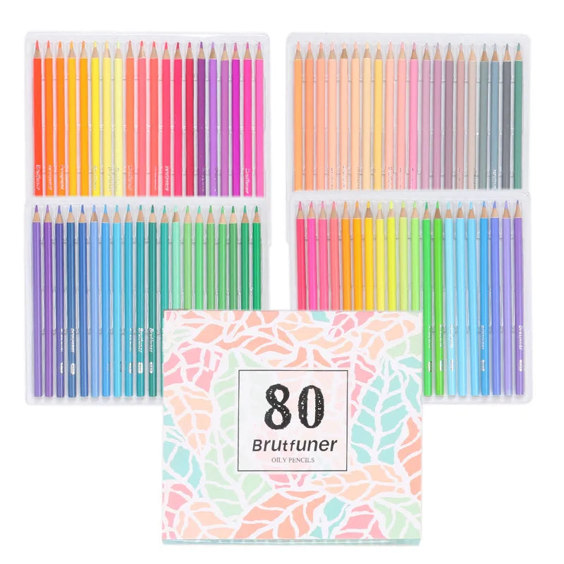 A set of 80 macaron colored pencils arranged in four rows, showcasing a wide spectrum of pastel and vibrant colors.