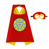 A red superhero cape and mask set for kids with a yellow emblem.