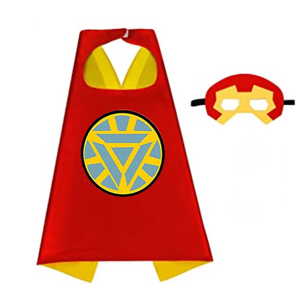A red superhero cape and mask set for kids with a yellow emblem.
