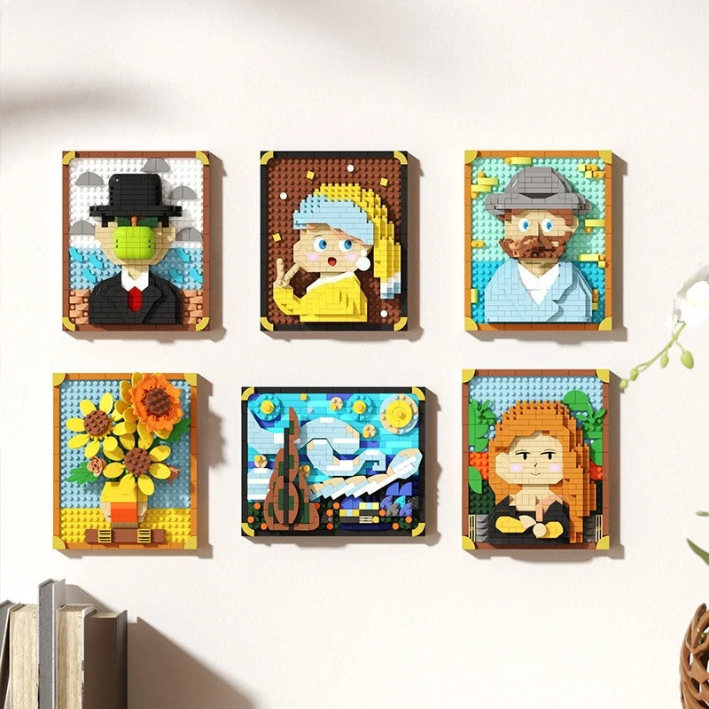 A set of pixel art paintings featuring portraits of people and a sunflower.