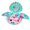 A pink and teal kids princess makeup toy set with a multi-layer shell case and mirror.