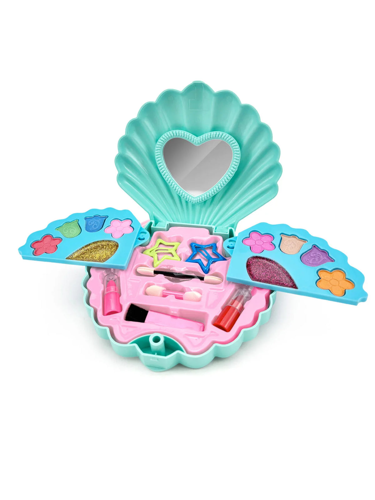 A pink and teal kids princess makeup toy set with a multi-layer shell case and mirror.
