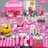 A colorful kids doctor pretend play set featuring various electronic and plastic medical tools and a pink storage box.