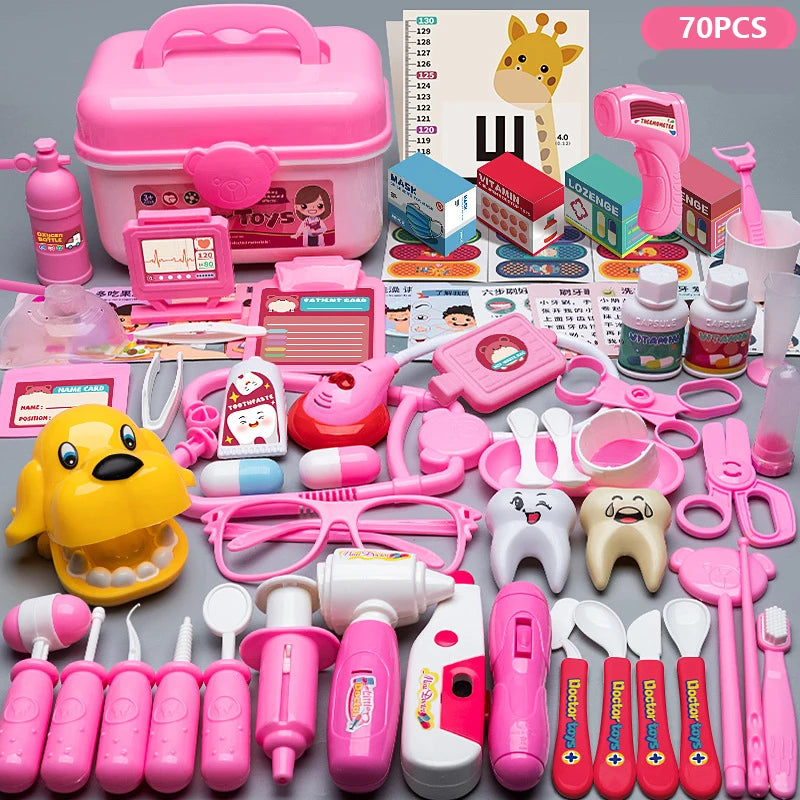 A colorful kids doctor pretend play set featuring various electronic and plastic medical tools and a pink storage box.