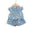 A girl's floral print sleeveless shirt and shorts set in blue denim fabric.