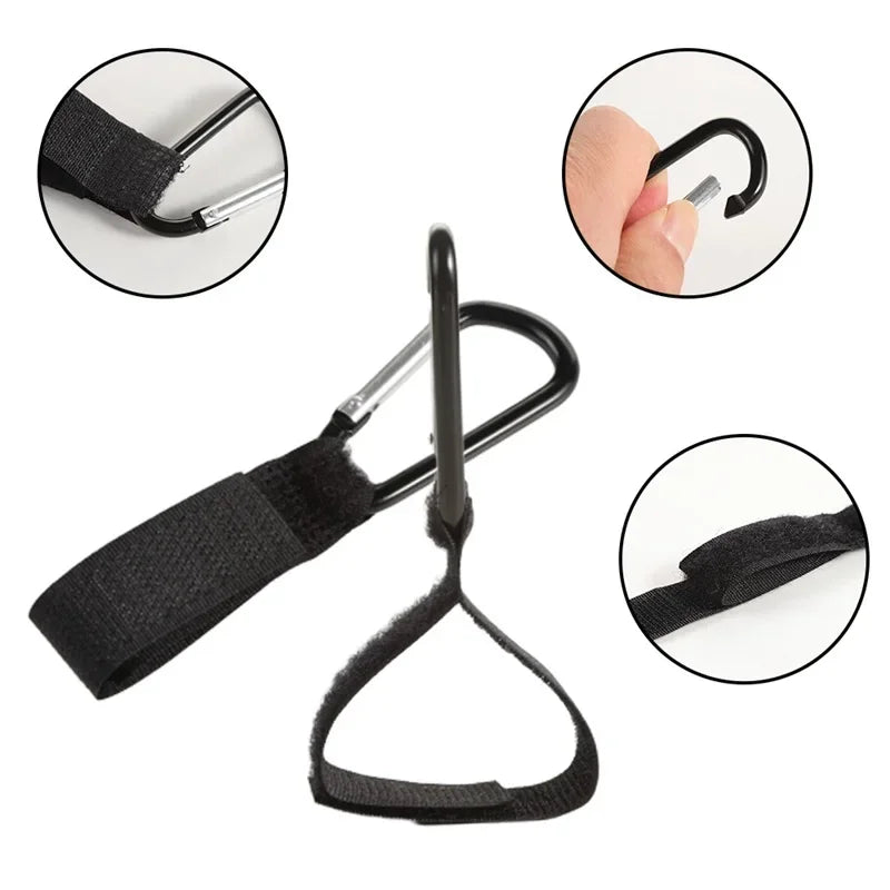Set of aluminum alloy stroller hooks with nylon straps shown in various angles.