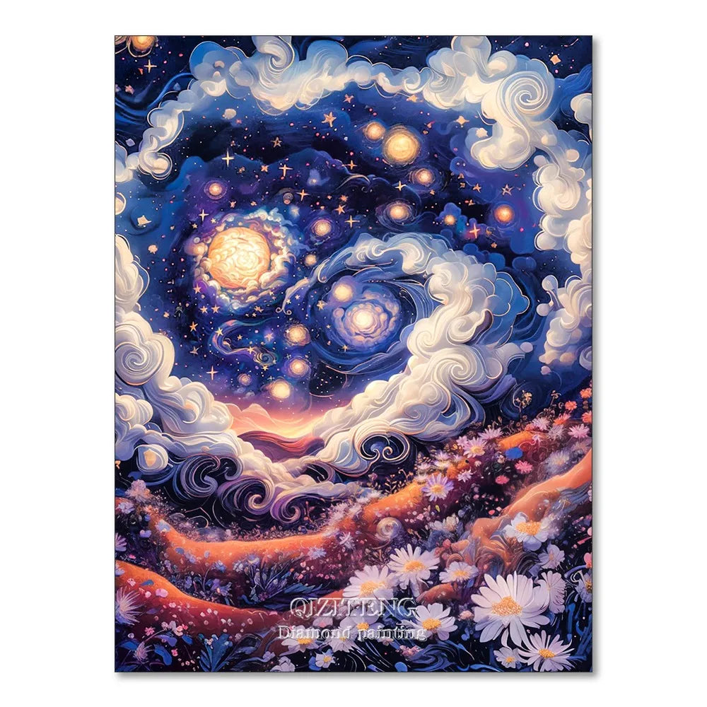 A diamond painting depicting a night starry sky with swirling clouds and an orange horizon.